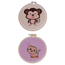 2 Set Monkey Cat Punch Needle Kits with Punch Embroidery Pen DIY Crafts