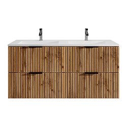 Vente-Unique Meuble de salle de bain suspendu strié avec vasque à encastrer - Naturel clair et noir - 120 cm - MADELA