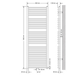 ECD Germany Radiateur Design Sahara Non Electrique - 600 x 1800 mm - Blanc - Connexion Central - avec Kit de Raccordement Universal et Thermostat - Forme Courbé - Sèche-Serviettes pour Salle de Bain