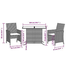 vidaXL Ensemble de bistro 3 pcs avec coussins marron résine tressée pas cher