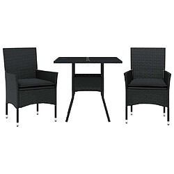 vidaXL Ensemble à manger de jardin et coussins 3 pcs noir rotin verre