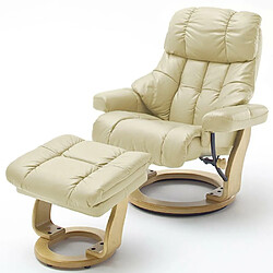 Inside 75 Fauteuil relax CLAIRAC XL assise en cuir crème pied en bois naturel avec repose pied