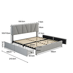 Acheter KOMHTOM Lit Plateforme Double Rembourré - 160 X 200 cm - Tapisser - 4 Tiroirs - Tête De Lit Réglable - Gris