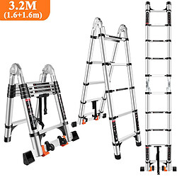 3,2M Échelle Télescopique Pliante en Aluminium avec Roulettes 3,2M Échelle Télescopique Pliante en Aluminium Escabeau Professionnelle avec Roulettes 1,6M+1,6M Charge 150kg