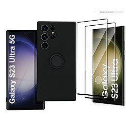 Coque avec Anneau Couleur Noir + 2 Verres Trempes Pour Samsung Galaxy S23 Ultra 5G Little Boutik©