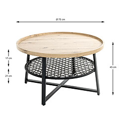 Pegane Table basse, Table de salon ronde en bois chêne et métal noir - diamètre 75 x hauteur 45 cm