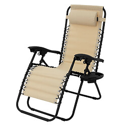 ML-Design Chaise longue bain de soleil beige acier/tissu avec appui-tête et porte-boisson