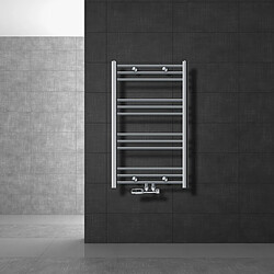 LuxeBath Radiateur de salle de bain Sahara 500x800 mm, chrome, courbé, raccord central y compris garniture de raccordement avec thermostat forme d'angle raccord mural