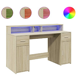 Helloshop26 Bureau table poste de travail meuble d'ordinateur informatique étude avec lumières LED chêne sonoma bois d'ingénierie brun 02_0023426