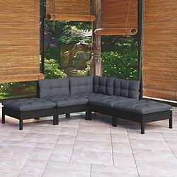 vidaXL Salon de jardin 5 pcs avec coussins Noir Bois de pin