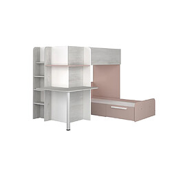 Vente-Unique Lits superposés d'angle 2 x 90 x 190 cm - Avec bureau - Gris, blanc et rose + Matelas - SAMUEL