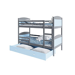 Kids Literie Lit Superposé Mateo 90x190 Gris - bleu Livré avec sommiers, tiroir et matelas en mousse de 7cm