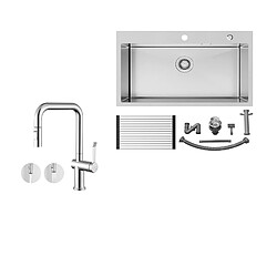 Auralum MAX Évier Cuisine 1 Cuve Inox Brossé75*45*19CM-Évier avec Égouttoir pliable+Robinet Cuisine avec Douchette Extractible Rotatif 360 °,Chromé