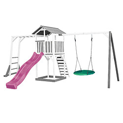 AXI Beach Tower Aire de Jeux avec Toboggan en Violet, Cadre d'escalade, Balançoire Nid d'oiseau VERT & Bac à Sable | Grande Maison Enfant extérieur en Gris & BLANC | Cabane de Jeu en Bois FSC