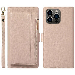 Etui en PU texture litchi, antichoc, magnétique avec support, pochette à fermeture éclair et sangle pour votre iPhone 14 Pro Max - abricot