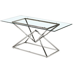 Vivenla Table de salle à manger design piètement en acier inoxydable poli argenté et plateau en verre trempé transparent L. 180 x P. 90 x H. 75 cm collection PARMA