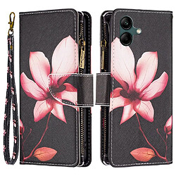 Etui en PU magnétique avec support et pochette zippée pour votre Samsung Galaxy A04 4G (164.4 x 76.3 x 9.1 mm) - fleur rose