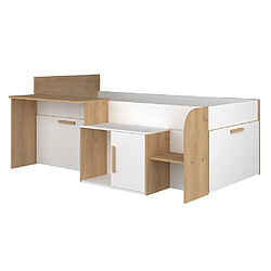 Vente-Unique Lit combiné 90 x 200 cm avec bureau et rangements - Coloris : Blanc et naturel + Sommier + Matelas - PEDRO