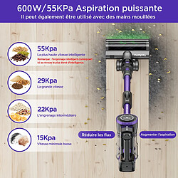 KILISKY Aspirateur Balai Sans Fil 55KPa/600W - Multifonctions 8 en 1 - Autonomie 60min - Aspirateur Sans Sac - Ecran Tactile LED - Pourpre