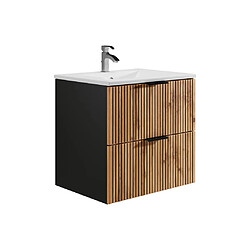 Avis Vente-Unique Meuble de salle de bain suspendu strié avec vasque à encastrer - Naturel clair et noir - 60 cm - MADELA