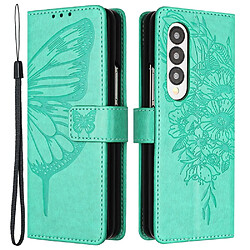 Etui en PU fermeture magnétique, motif papillons et fleurs avec support et sangle pour votre Samsung Galaxy Z Fold4 5G - vert