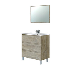 Pegane Meuble de salle de bain avec 3 Tiroirs + Miroir coloris alaska chêne nordic - longueur 80 cm x Hauteur 86 cm x Profondeur 45 cm