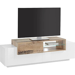 Alter Meuble TV de salon, Made in Italy, Meuble TV avec 3 portes, 160x45h51 cm, couleur blanc brillant et érable