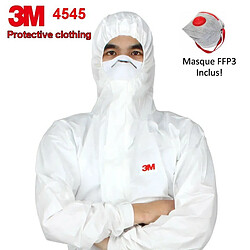 PACK Vêtements de protection à capuche Combinaison 3M 4545, Taille 2XL + Masque FFP3 - Contre particules sèches éclaboussures chimiques Anti-poussière