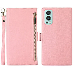 Etui en PU texture litchi, anti-rayures avec pochette à fermeture éclair et sangle pour votre OnePlus Nord 2 5G - rose