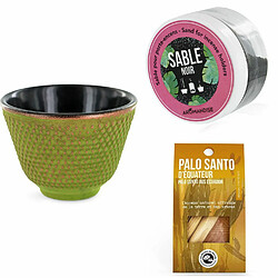 Aromandise Porte-encens coupelle Vert et Doré + Sable noir + Bâtonnets Palo Santo