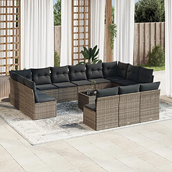 vidaXL Salon de jardin avec coussins 14 pcs gris résine tressée