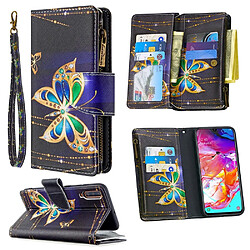 Etui en PU fermeture éclair à motifs avec sangle papillon d'or pour votre Samsung Galaxy A70