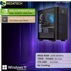 Sedatech PC Gamer Pro ATX • AMD Ryzen 9 7900X3D • RTX4070Ti Super • 64Go DDR5 • 2To SSD M.2 • Windows 11