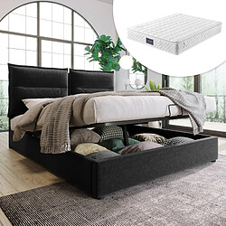 Avis KOMHTOM Lit Hydraulique Double - 140 X 200 cm - Structure Métallique - Velours - Espace De Rangement - Noir - Matelas Inclus