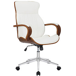 Decoshop26 Fauteuil de bureau avec roulettes synthétique blanc et bois noyer hauteur réglable BUR10463