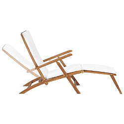 Helloshop26 Transat chaise longue bain de soleil lit de jardin terrasse meuble d'extérieur avec coussin blanc crème bois de teck solide 02_0012304