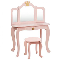 Helloshop26 Coiffeuse pour enfants avec miroir à trois volets dessus amovible tabouret inclus rose 20_0004876