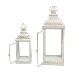 Mobili Rebecca 2 Bougeoirs Lanternes Métal Blanc Verre Shabby 50x19x19