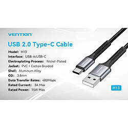 Avis Câble de données Vention - USB 2.0 vers USB-C - Aluminium - 480Mbps - 3A, 15W - Couleur Noir