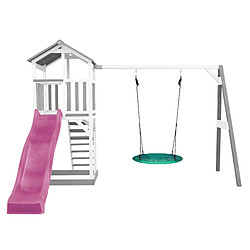 AXI Beach Tower Aire de Jeux avec Toboggan en Violet, Balançoire Nid d'oiseau VERT & Bac à Sable | Grande Maison Enfant extérieur en Gris & BLANC | Cabane de Jeu en Bois FSC