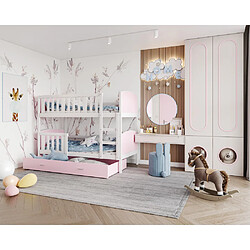 Kids Literie Lit Superposé Tomy 90x190 Blanc - rose Livré avec sommiers, tiroir et matelas en mousse de 7cm