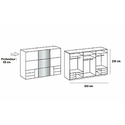 Inside 75 Armoire coulissante LISBETH 2 portes 6 tiroirs blanc 1 miroir 300 x 236 cm hauteur