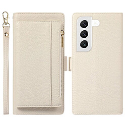 Etui en PU texture litchi, magnétique avec support, pochette à fermeture éclair et sangle pour votre Samsung Galaxy S22 + 5G - blanc