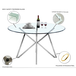 Avis Vivenla Table de salle à manger ronde design piètement en acier inoxydable poli argenté et plateau en verre trempé transparent L. 140 x P. 140 x H. 76 cm collection LORENA