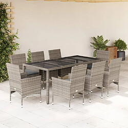 vidaXL Ensemble à manger de jardin et coussins 9 pcs gris rotin verre