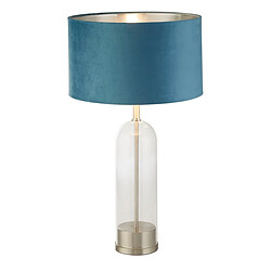 Searchlight Lampe de table en verre, nickel satiné, abat-jour en velours bleu sarcelle