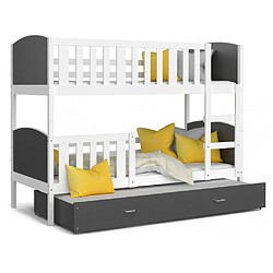 Kids Literie Lit Superposé 3 Places Tomy 90x190 Blanc - gris Livré avec sommiers, tiroir et matelas en mousse de 7cm