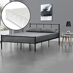 Lit double Laos avec Matelas et Sommier à Lattes 140 x 200 cm Noir [en.casa]