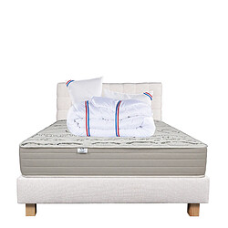 LUXURY LITERIE Ensemble matelas OrganicCoton 160x200 cm + sommier beige ep20cm + 2 oreillers + couette + Tête de Lit