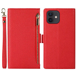 Etui en PU texture litchi avec support, pochette à fermeture éclair et sangle pour votre iPhone 12/12 Pro 6.1 pouces - rouge